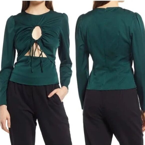 Nordstrom Open Edit Cutout Detail Blouse in Dark Green Park - Picture 1 of 6